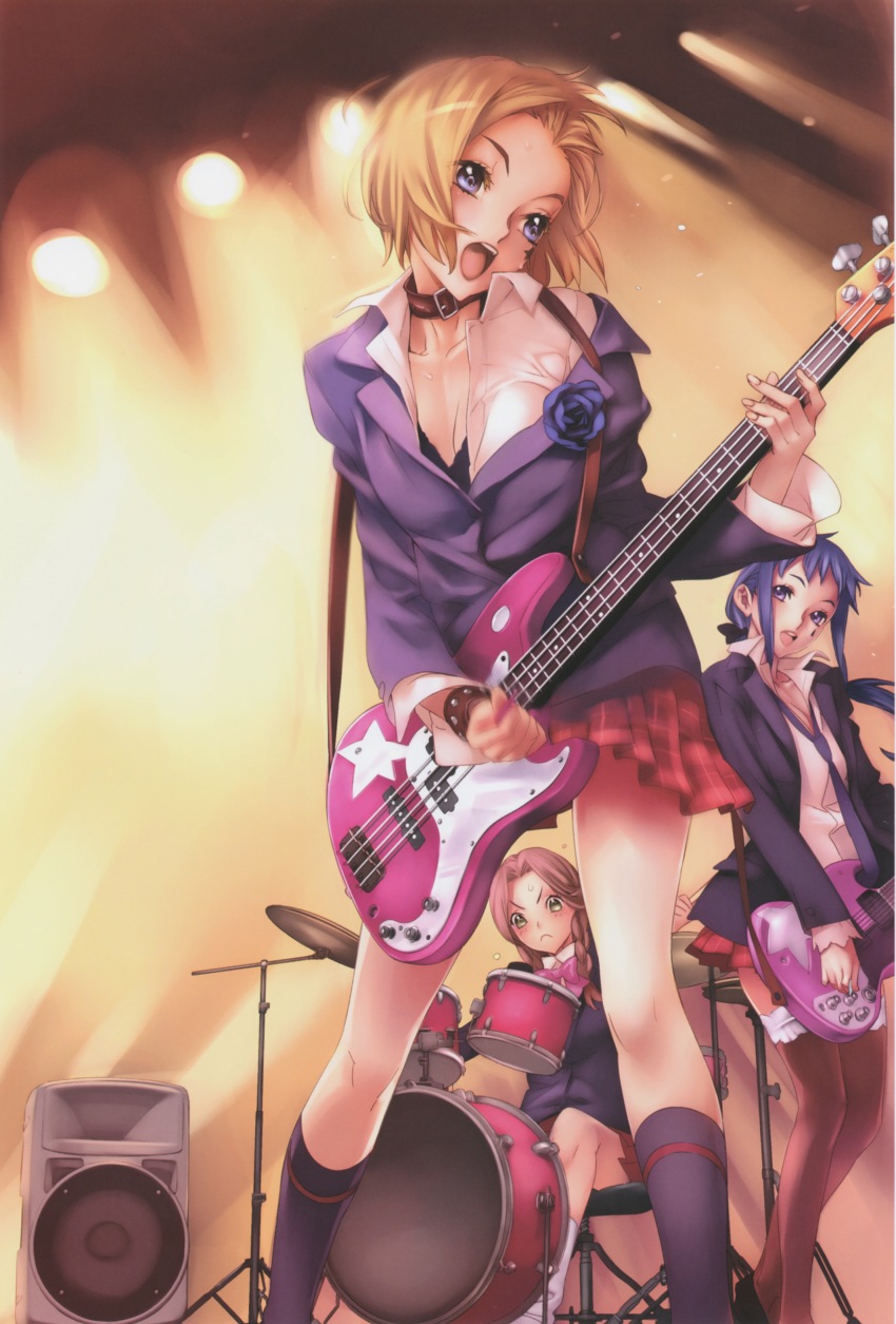3girls, absurdres, bass_guitar, blazer, blonde_hair, blue_eyes, blue_hair, bow, bowtie, braid, breasts, brown_hair, choker, cleavage, drumsticks, facial_mark, flower, green_eyes, guitar, highres, instrument, jacket, jewelry, long_hair, motion_blur, multiple_girls, music, necktie, nishieda, open_mouth, original, pj_bass, playing_instrument, plectrum, ponytail, purple_eyes, school_uniform, short_hair, skirt, smile, socks, speaker, star_(symbol), star_facial_mark, thighhighs