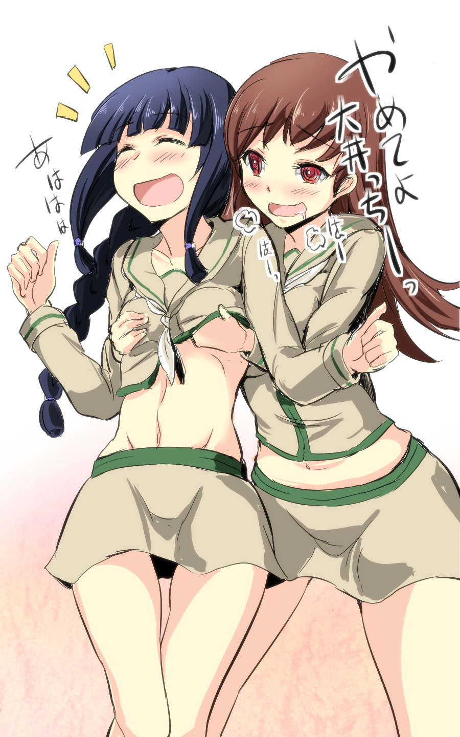 10s, 2girls, blue_hair, blunt_bangs, blush, brown_hair, drooling, female_pervert