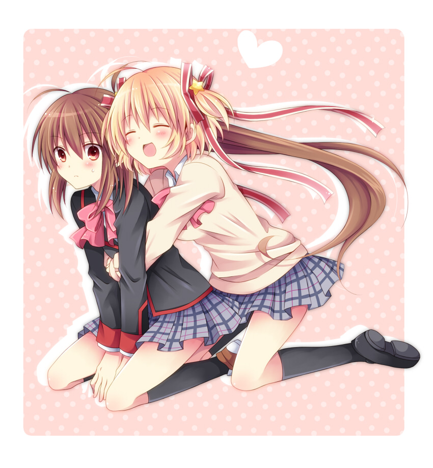 2girls, bad_id, bad_pixiv_id, blonde_hair, bow, brown_hair, closed_eyes, hug