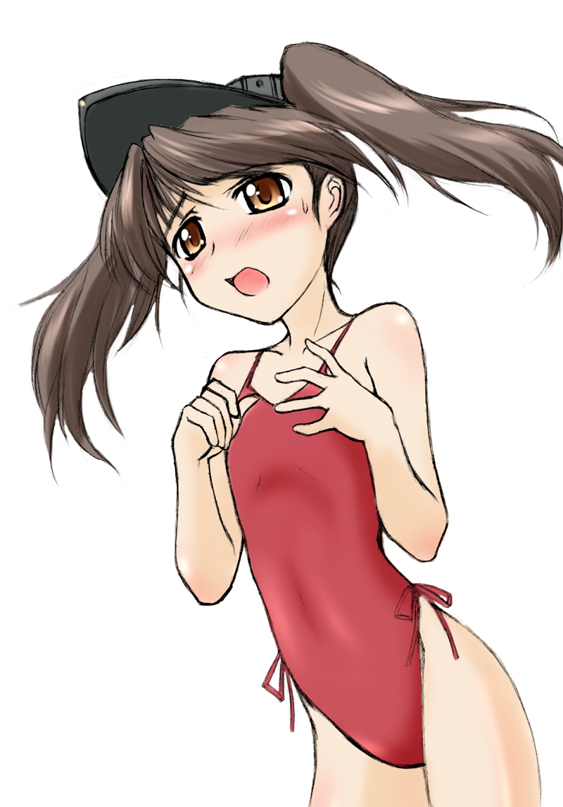 10s, 1girl, brown_eyes, brown_hair, casual_one-piece_swimsuit, hat, kantai_collection, long_hair