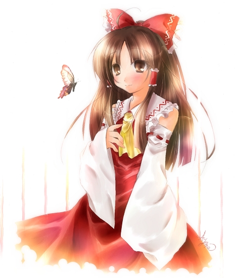1girl, bad_id, bad_pixiv_id, brown_hair, bug, butterfly, female_focus, hakurei_reimu