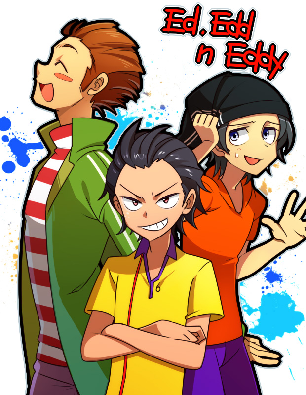 3boys, animification, bad_id, bad_pixiv_id, blouse, cartoon_network, copyright_name, ed_edd_n_eddy, male_focus, multiple_boys, orange_shirt, shirt, simple_background, striped_clothes, striped_shirt, tagme, white_background, yabu_(yb8548), yellow_shirt