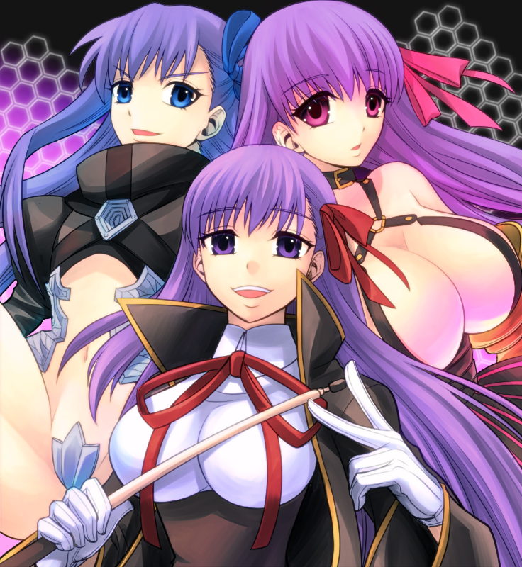 10s, 3girls, bad_id, bad_pixiv_id, bb_(fate), bb_(fate/extra), blue_eyes, breasts, crotch_plate, fate/extra, fate/extra_ccc, fate_(series), flat_chest, gloves, hair_ribbon, huge_breasts, large_breasts, long_hair, meltryllis_(fate), midriff, multiple_girls, navel, open_mouth, passionlip_(fate), pink_eyes, purple_eyes, purple_hair, ribbon, sanada_(teketo), spread_legs, teeth, tongue, very_long_hair