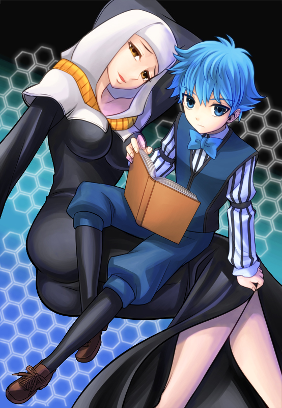 10s, 1boy, 1girl, bad_id, bad_pixiv_id, blue_eyes, blue_hair, bow, bowtie, breasts, fate/extra, fate/extra_ccc, fate_(series), habit, hans_christian_andersen_(fate), impossible_clothes, nun, nun_headdress, sanada_(teketo), sessyoin_kiara, shorts, vest