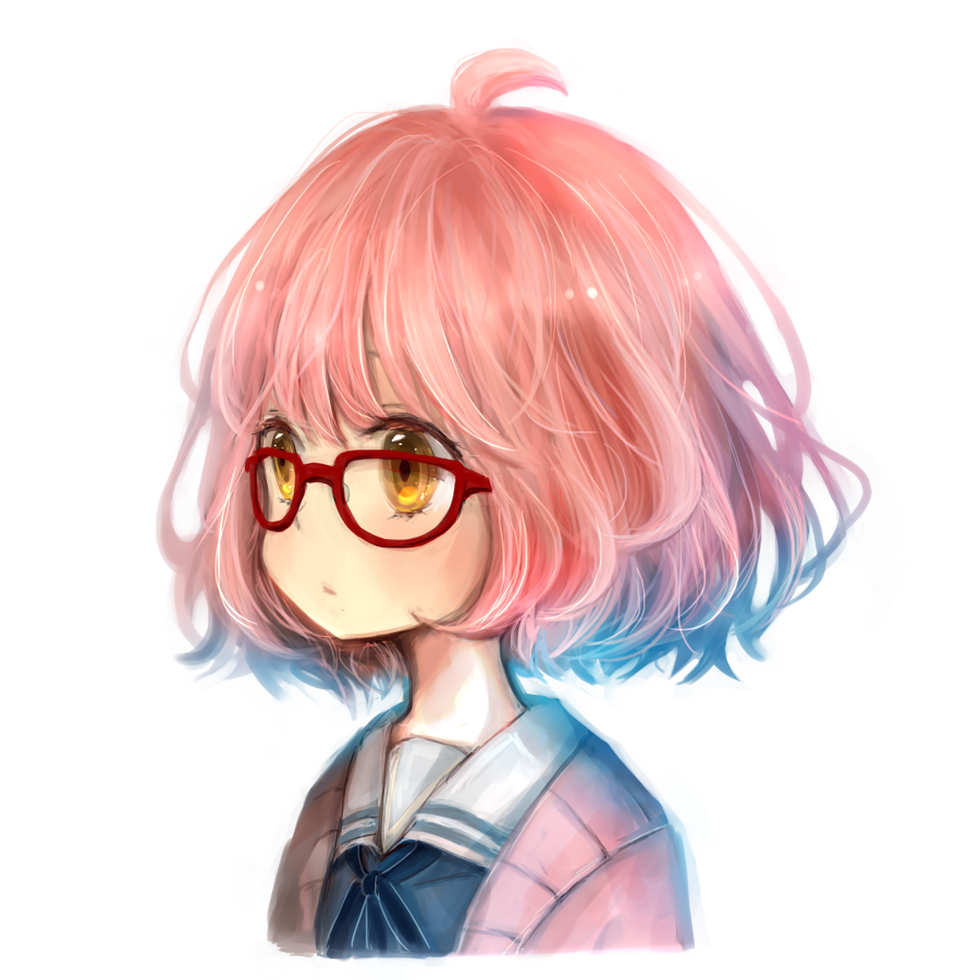 10s, 1girl, bob_cut, cardigan, female_focus, glasses, koneko_mari, kuriyama_mirai, kyoto_animation, kyoukai_no_kanata, pink_hair, red-framed_eyewear, school_uniform, serafuku, short_hair, solo, yellow_eyes