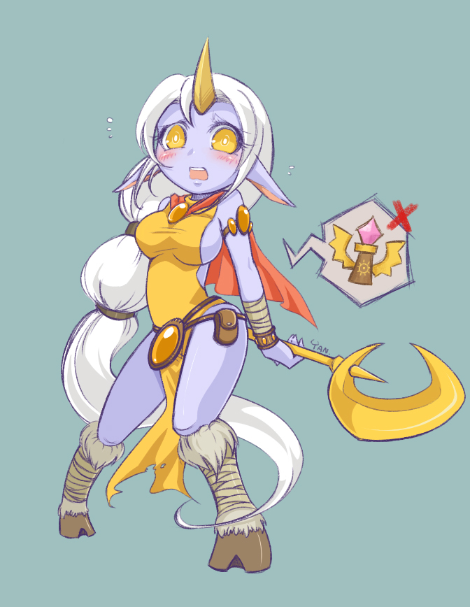 1girl, blue_skin, blush, colored_skin, female_focus, hooves, horns, league_of_legends, long_hair, open_mouth, pointy_ears, ponytail, single_horn, solo, soraka_(league_of_legends), speech_bubble, staff, very_long_hair, yan531, yellow_eyes
