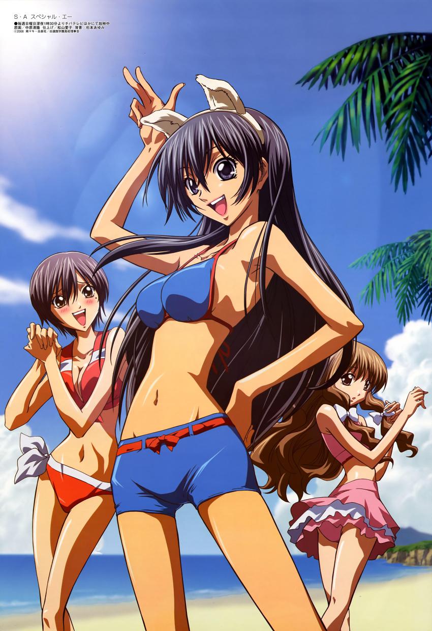 00s, 3girls, absurdres, animal_ears, beach, belt, bikini, blush, bow, breasts, brown_eyes, brown_hair, cleavage, day, grey_hair, hair_bow, hairband, hanazono_hikari, hand_on_own_hip, highres, hip_focus, large_breasts, long_hair, looking_back, medium_breasts, megami_magazine, multiple_girls, nakahara_kiyotaka, navel, outdoors, pinup_(style), purple_eyes, purple_hair, short_hair, shorts, skirt, special_a, swimsuit, tankini, toudou_akira_(special_a), very_long_hair, yamamoto_megumi