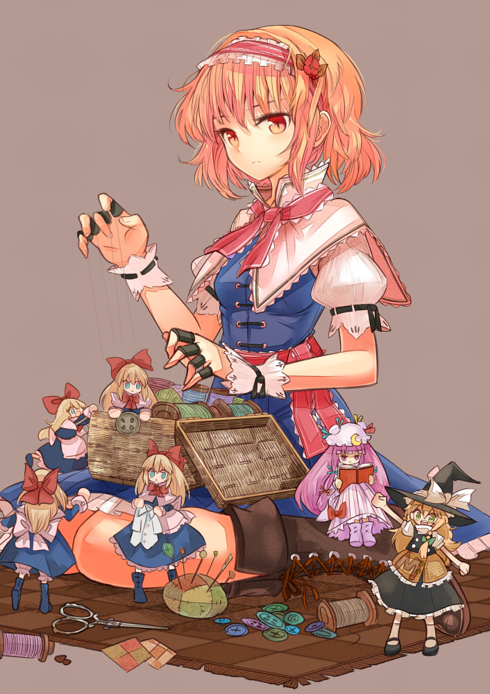 1girl, alice_margatroid, basket, blonde_hair, boots, brown_eyes, character_doll, doll