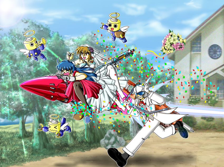 >_<, 1980s_(style), 1990s_(style), 1boy, 2girls, alien, baraduke, blue_dress, blue_footwear, bouquet, building, burning_force, bush, church, closed_eyes, cloud, confetti, crossover, crying, day, dev_(gpd), dig_dug, dress, drill, energy_cannon, fake_halo, floating, flower, flying, formal_clothes, full_body, garden, good_end, grass, grin, halo, helmet, highres, hori_taizou, house, hover_bike, light_rays, loafers, mecha, mega_man_(series), mega_man_legends_(series), monster, mr._driller, multiple_girls, multiple_riders, namco, namco_x_capcom, oldschool, outdoors, outline, paccet, path, pink_footwear, plant, red_dress, retro_artstyle, road, robot, rock, running, science_fiction, servbot_(mega_man), shoes, sky, sleeveless, sleeveless_dress, smile, spoilers, sun, sunbeam, sunlight, taizo_hori, tears, tengenji_hiromi, toby_masuyo, trail, tree, wedding, wedding_dress, white_outline