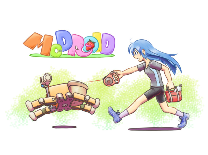 1girl, bag, bike_shorts, blue_eyes, blue_hair, bottle, carrying, copyright_name, elephant, food, fruit, greener, handbag, leash, long_hair, machinery, mcdroid, open_mouth, robot, running, simple_background, strawberry, very_long_hair, walking, water_bottle, white_background