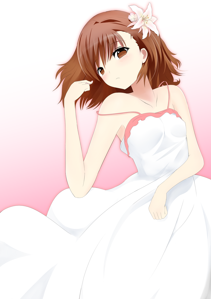 1girl, bad_id, bad_pixiv_id, brown_eyes, brown_hair, dress, female_focus, flower
