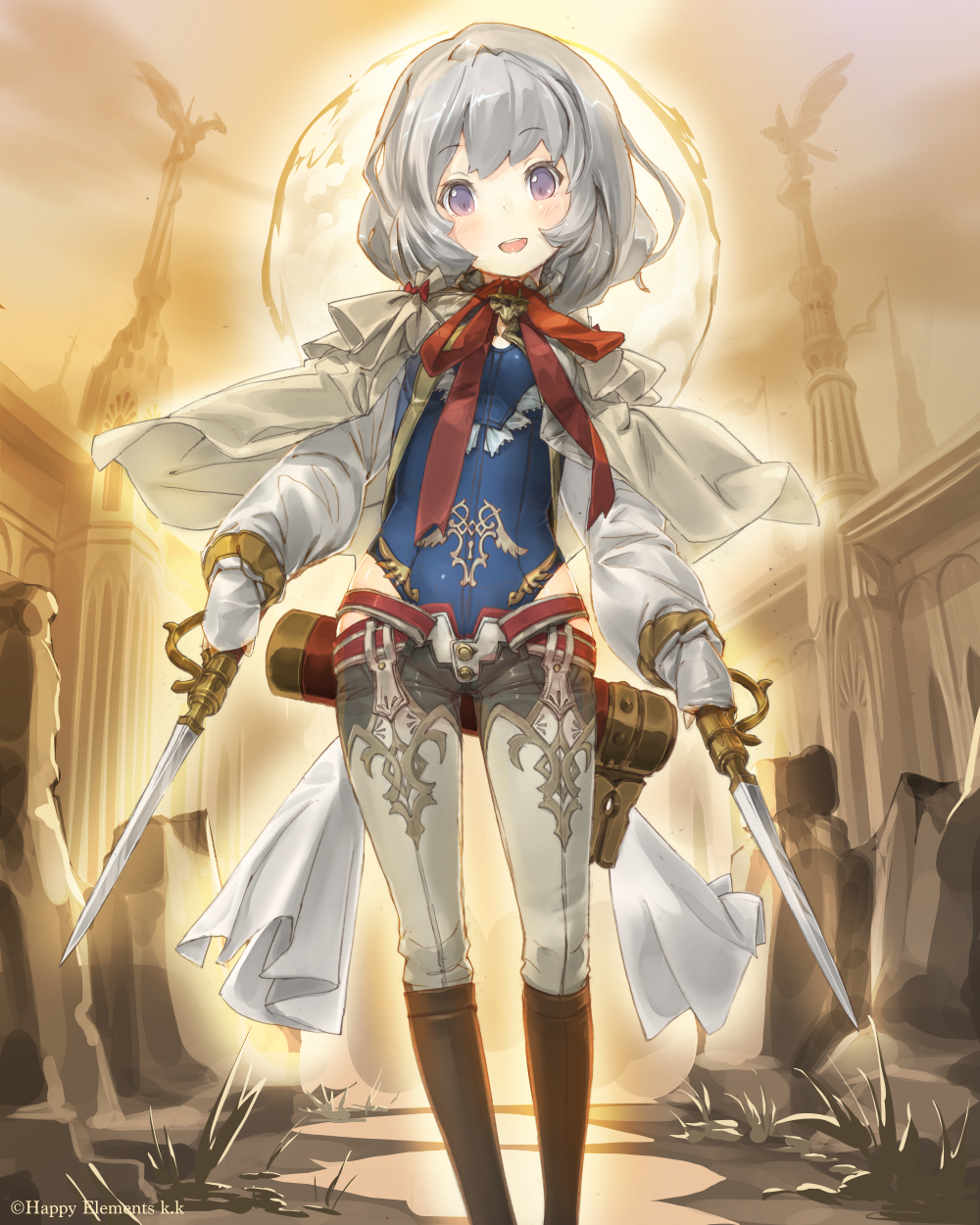 1girl, :d, belt, blush, boots, cape, denim, dual_blades, dual_wielding, female_focus, grey_hair, highres, holding, jeans, knee_boots, majoca_majoluna, majoka_majoluna, one-piece_swimsuit, open_mouth, pants, purple_eyes, smile, solo, swimsuit, sword, thighhighs, weapon, whoopin