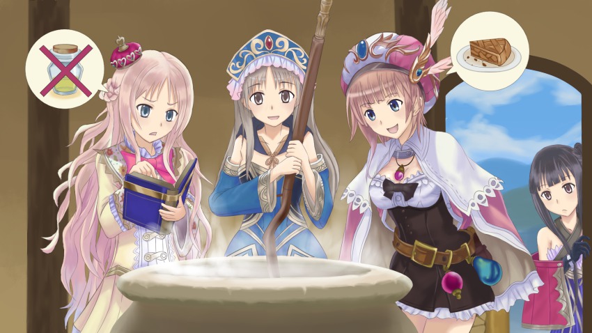 4girls, alchemy, arms_behind_back, atelier_(series), atelier_meruru, bare_shoulders, belt, black_hair