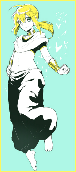 1girl, ahoge, alternate_costume, artoria_pendragon_(fate), bad_id, bad_pixiv_id, barefoot, blonde_hair, cosplay, fate/stay_night, fate_(series), female_focus, green_eyes, judal, judal_(cosplay), long_hair, magi_the_labyrinth_of_magic, midriff, ponytail, ruchi, saber_(fate), solo