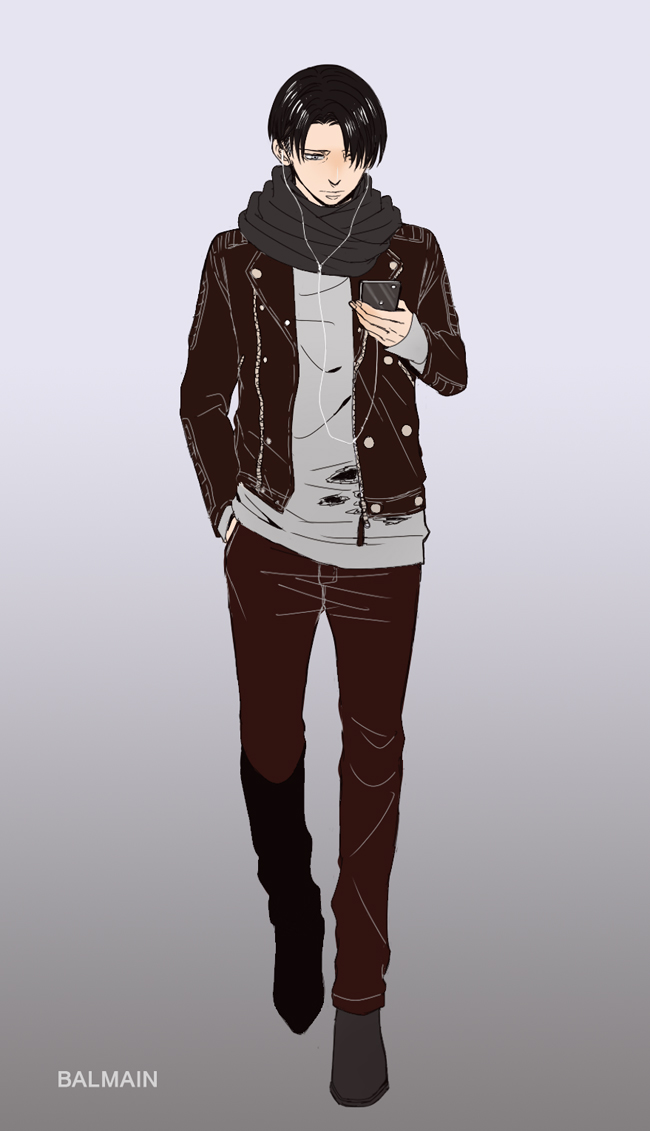 1boy, alternate_costume, black_hair, cellphone, contemporary, earbuds, earphones, fashion, fuu_(pixiv502572), hair_over_one_eye, hands_in_pockets, jacket, levi_(shingeki_no_kyojin), male_focus, phone, scarf, shingeki_no_kyojin, solo, walking