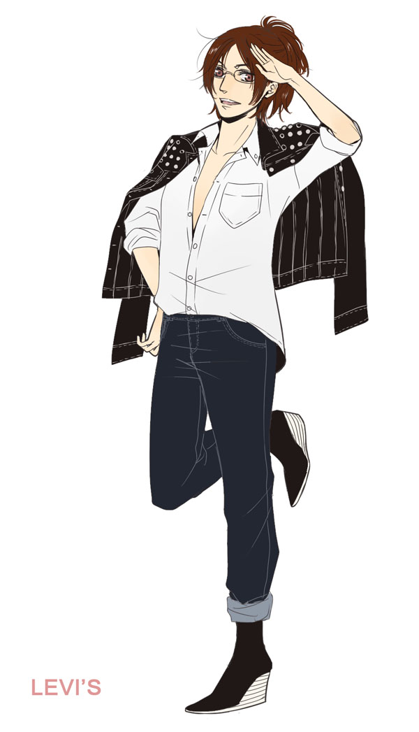 1girl, alternate_costume, androgynous, brown_hair, contemporary, fashion, fuu_(pixiv502572), glasses