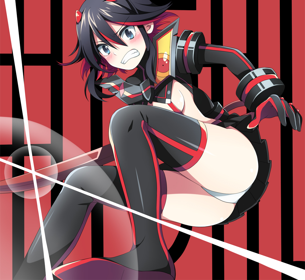 10s, 1girl, ass, black_hair, blue_eyes, blush, breasts, clenched_teeth