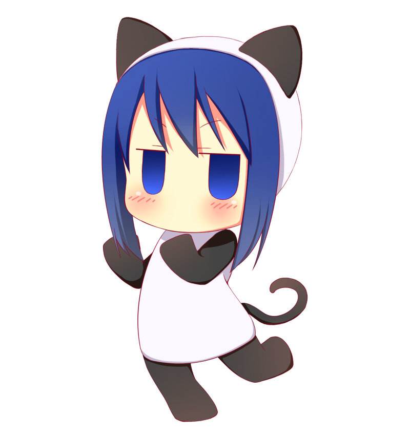 1girl, animal_costume, animal_ears, blue_eyes, blue_hair, cat_ears, cat_tail, chibi