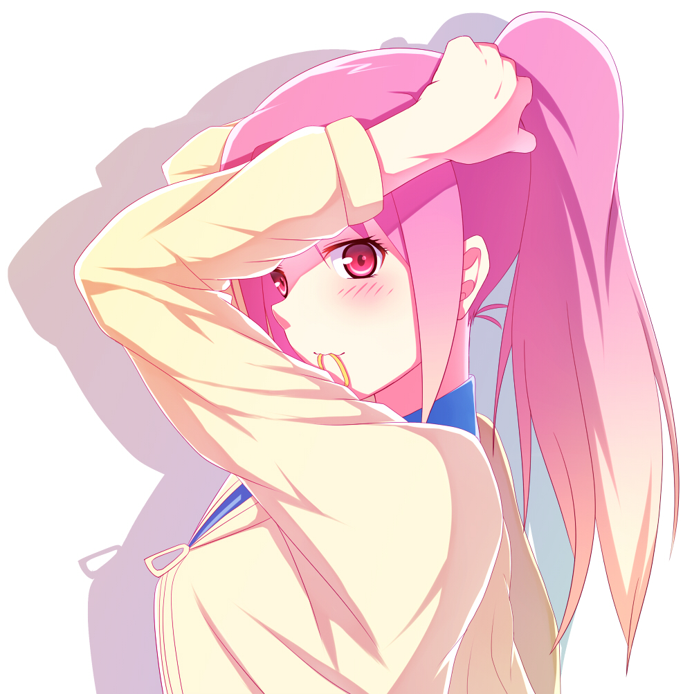 1girl, :3, adjusting_hair, bad_id, bad_pixiv_id, female_focus, hairband, hood