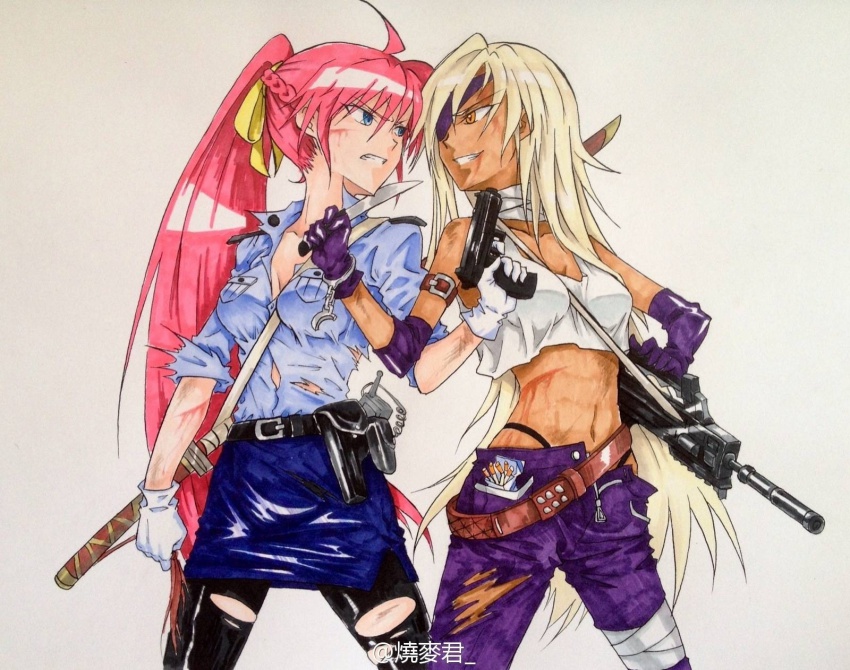 2girls, bad_id, bad_pixiv_id, bare_shoulders, belt, black_legwear, blonde_hair, blood