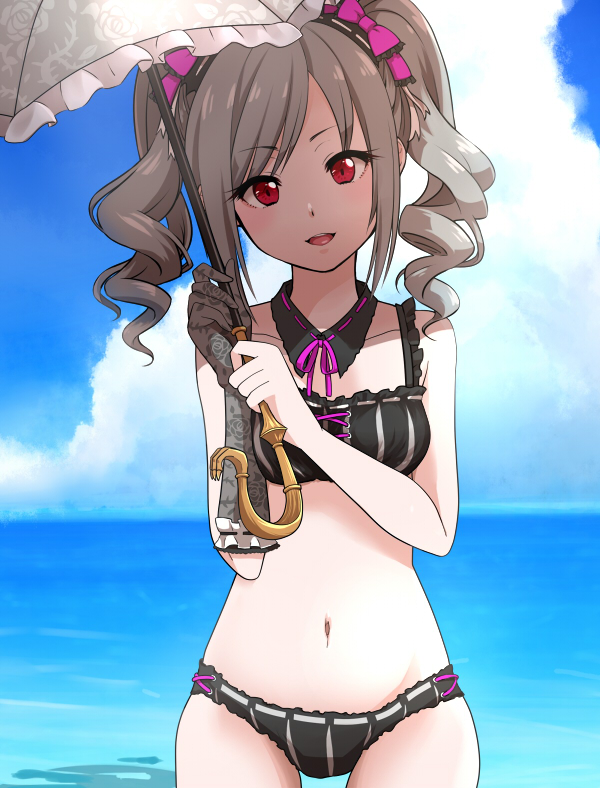 10s, 1girl, bare_shoulders, beach, bikini, black_bikini, black_gloves, cloud, daifuki, day, drill_hair, female_focus, gloves, grey_umbrella, hair_ribbon, idolmaster, idolmaster_cinderella_girls, ikemarth111, kanzaki_ranko, long_hair, looking_at_viewer, navel, ocean, open_mouth, outdoors, red_eyes, ribbon, silver_hair, single_glove, smile, solo, swimsuit, twin_drills, twintails, umbrella, water
