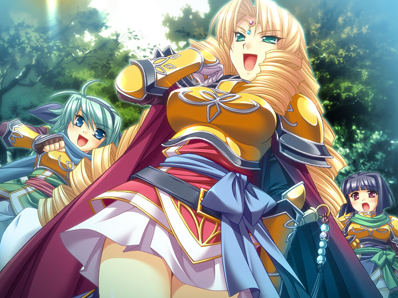 3girls, armor, blonde_hair, blush, bunshuu_(koihime_musou), drill_hair, enshou_(koihime_musou), game_cg