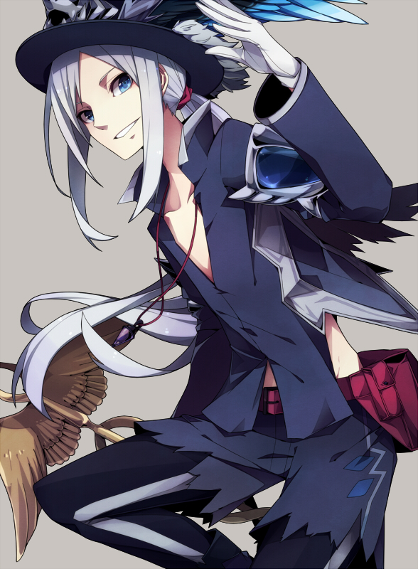 1boy, bad_id, bad_pixiv_id, belt, blue_eyes, gloves, grey_background, grin, hat, hermes_(p&amp;d), jewelry, long_hair, looking_at_viewer, male_focus, merlusa, parted_bangs, pendant, puzzle_&amp;_dragons, sidelocks, silver_hair, simple_background, smile, solo, staff, very_long_hair