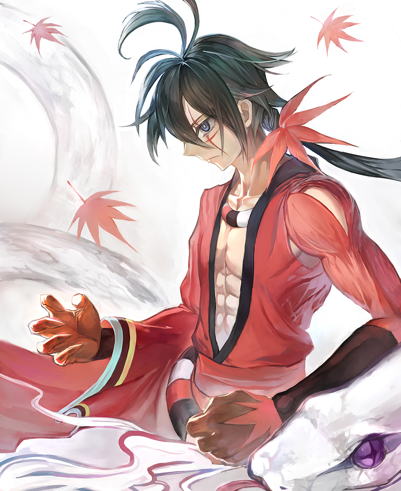 1boy, abs, black_hair, blue_eyes, claws, japanese_clothes, katanagatari, leaf