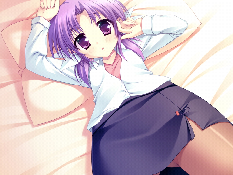 1girl, blush, dress_shirt, female_focus, game_cg, low_twintails, lying, pantyhose