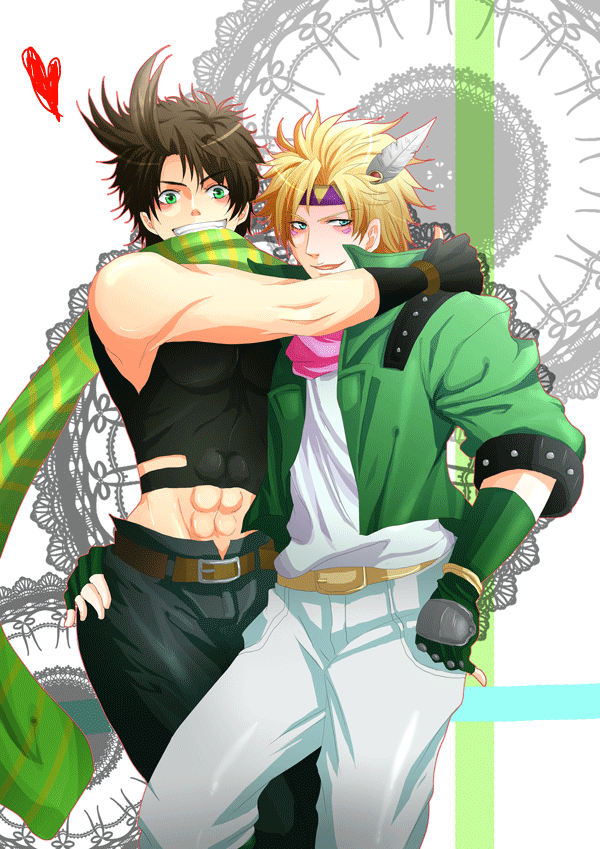 2boys, bad_id, bad_pixiv_id, blonde_hair, brown_hair, caesar_anthonio_zeppeli, facial_mark, feather_hair_ornament
