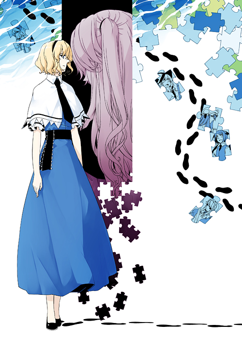 1girl, alice_margatroid, alice_margatroid_(pc-98), blonde_hair, blue_eyes, blush, capelet, cover