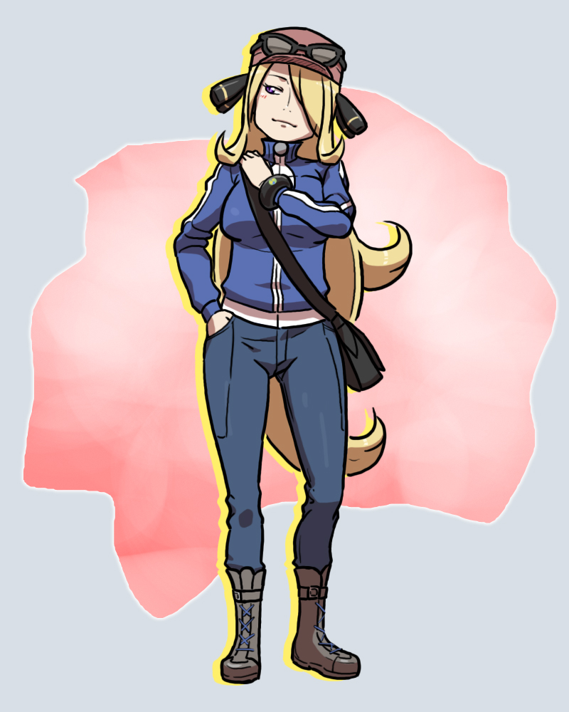 1girl, bag, blonde_hair, boots, breasts, calem_(pokemon), calem_(pokemon)_(cosplay), callum_(pokemon)_(cosplay), cosplay, cynthia_(pokemon), denim, eyewear_on_head, female_focus, full_body, gloves, habatakuhituji, hair_ornament, hair_over_one_eye, handbag, hat, hip_focus, jacket, jeans, knees, large_breasts, legs, long_hair, nintendo, pants, pokemon, pokemon_diamond/pearl/platinum, pokemon_x_and_y, purple_eyes, shoes, smile, smirk, solo, sunglasses, very_long_hair