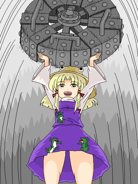 1girl, berserk, blonde_hair, chakram, female_focus, hat, hoop, moriya's_iron_rings