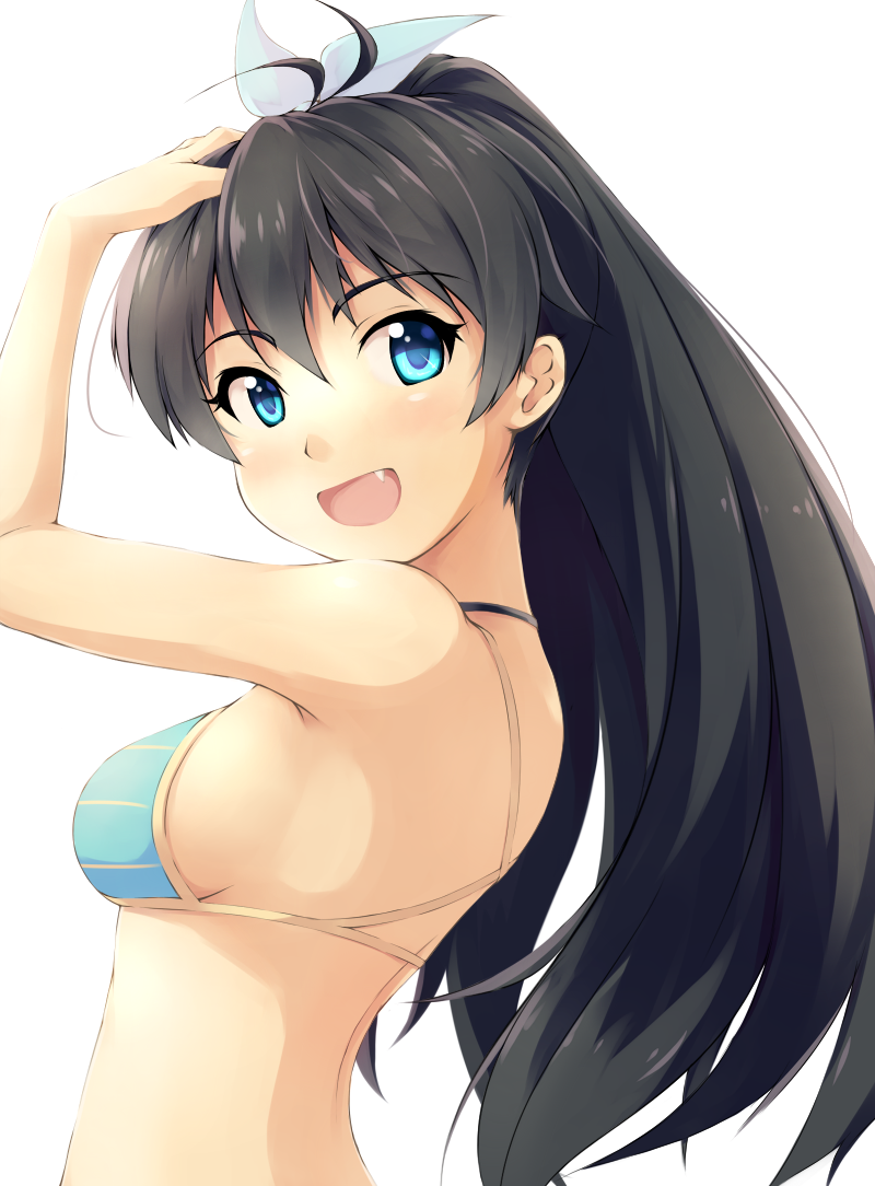 1girl, :d, antenna_hair, bad_id, bad_pixiv_id, bikini, bikini_top_only, black_hair, blue_eyes, breasts, fang, female_focus, ganaha_hibiki, hair_ribbon, idolmaster, idolmaster_(classic), open_mouth, ponytail, ribbon, shadow_striker, simple_background, smile, solo, swimsuit, white_background