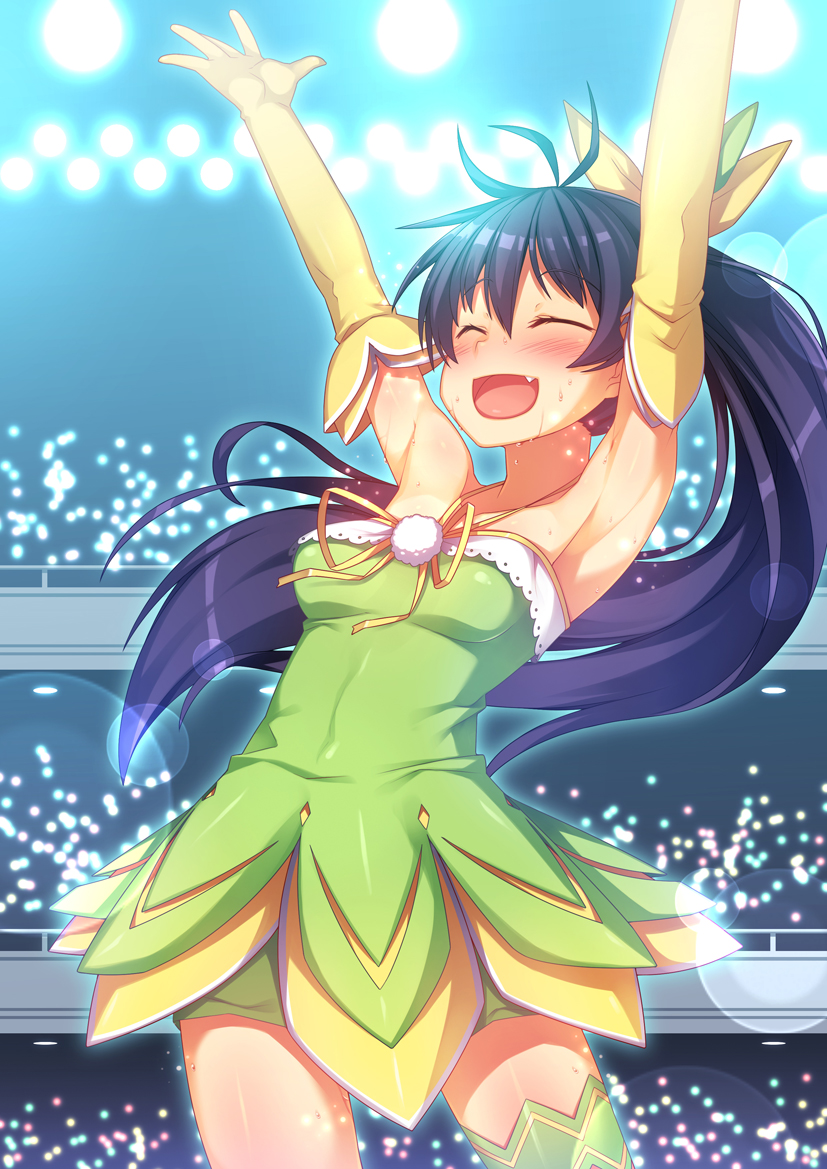 1girl, :d, ^_^, antenna_hair, armpits, arms_up, black_hair, blush, closed_eyes, elbow_gloves, fang, female_focus, ganaha_hibiki, gloves, happy, idolmaster, idolmaster_(classic), lens_flare, long_hair, open_mouth, ponytail, racer_(magnet), smile, solo, sweat, vital_sunflower