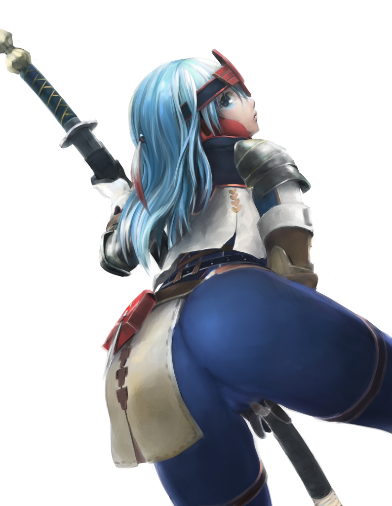 1girl, armor, ass, blue_eyes, blue_hair, bodysuit, brave_(armor), cameltoe, capcom, female_focus, ichiba_youichi, katana, long_hair, looking_at_viewer, looking_back, monster_hunter_(series), monster_hunter_4, simple_background, solo, sword, weapon, white_background