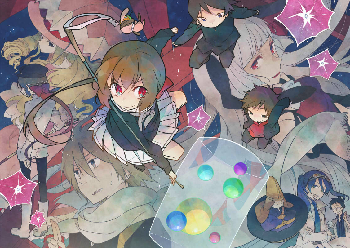 10s, a_(kyousougiga), blonde_hair, blue_hair, bow, brother_and_sister, brothers, brown_hair