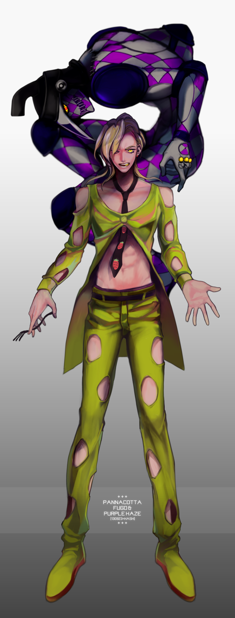 2boys, blonde_hair, deyamiro, fork, highres, jojo_no_kimyou_na_bouken, midriff, multiple_boys