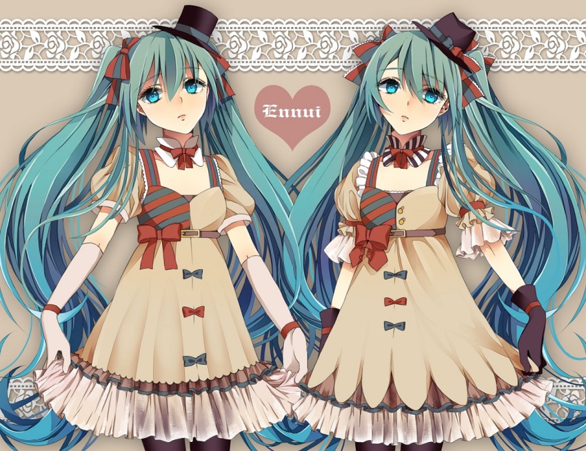 2girls, aqua_eyes, aqua_hair, bad_id, bad_pixiv_id, belt, bow, bowtie