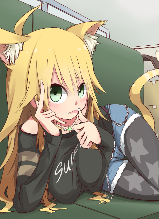 1girl, :p, animal_ears, breasts, cat_ears, cat_tail, ekusiregaia, female_focus