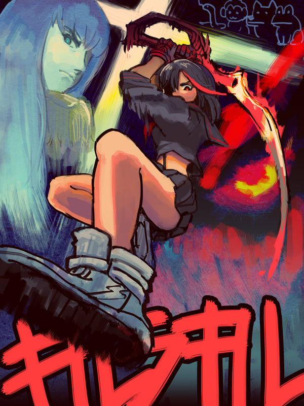 2girls, bad_id, bad_pixiv_id, black_hair, blue_eyes, epaulettes, frog, gloves