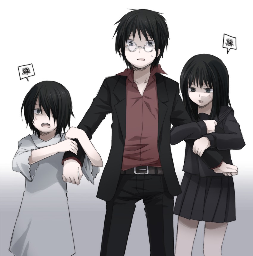 1girl, 2boys, amamiya_kazuhiko, anger_vein, arm_grab, belt, black_hair, black_serafuku, black_skirt, buckle, dress, glasses, idora_(idola), isono_miwa, long_sleeves, mpd_psycho, multiple_boys, nishizono_tetora, pants, round_eyewear, school_uniform, serafuku, skirt, standing, surprised, white_dress