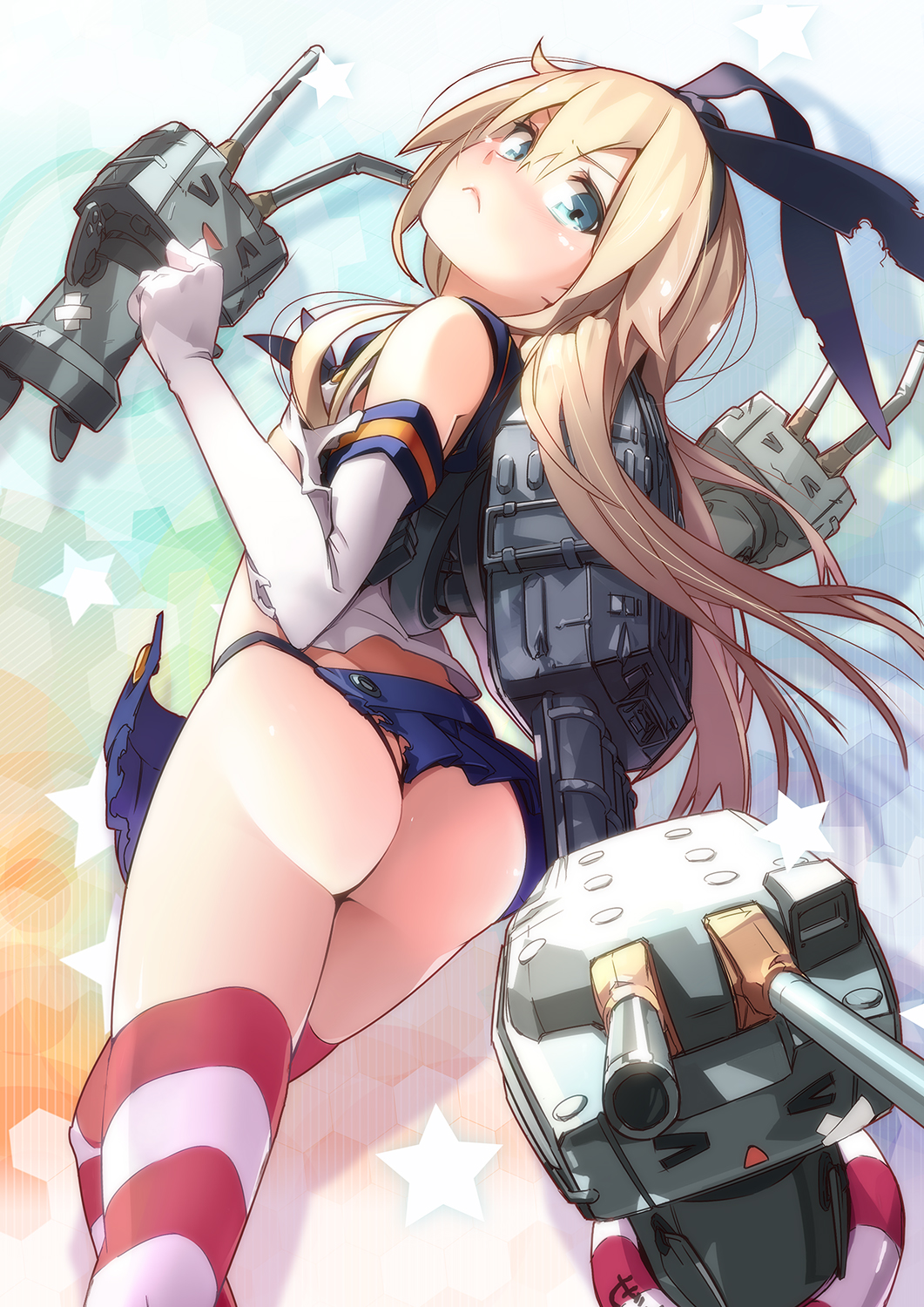 >_<, 10s, 1girl, :<, anchor, ass, bad_id, bad_pixiv_id, bare_shoulders, black_panties, blonde_hair, blush, boots, breasts, closed_eyes, elbow_gloves, female_focus, gloves, hair_ornament, hair_ribbon, hairband, highres, innertube, kantai_collection, long_hair, looking_back, navel, panties, pemu, personification, pomon_illust, rensouhou-chan, ribbon, school_uniform, serafuku, shimakaze_(kancolle), skirt, small_breasts, solo, striped_clothes, striped_thighhighs, swim_ring, thighhighs, thong, torn_clothes, underwear, white_gloves