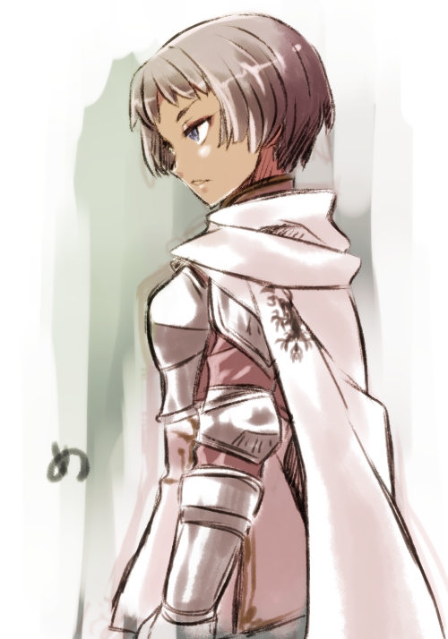 1girl, armor, bad_id, bad_pixiv_id, black_hair, blue_eyes, bob_cut, capcom, cape, dark-skinned_female, dark_skin, dragon's_dogma, dragon's_dogma_(series), female_focus, mercedes_marten, short_hair, solo, su_(pixiv44447)