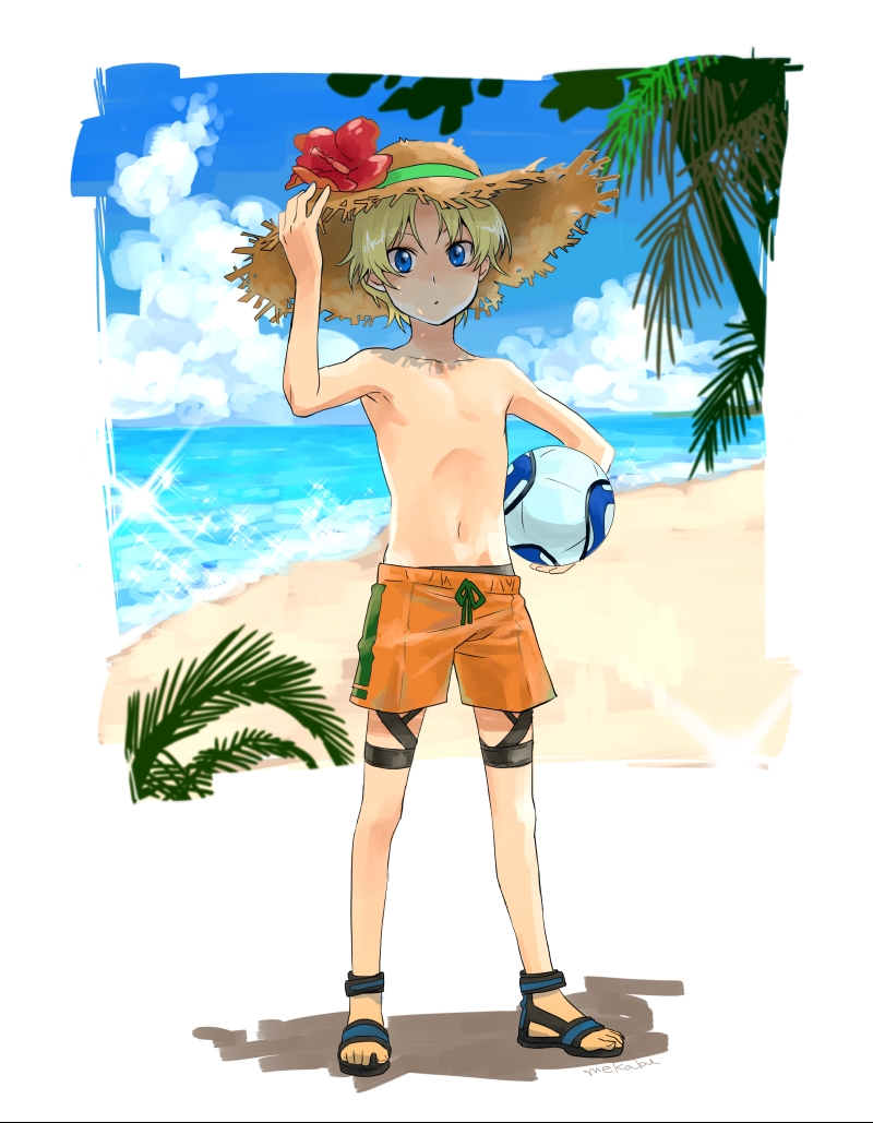 10s, 1boy, aoto_gonzales_takuma, ball, beach, blonde_hair, blue_eyes, blue_sky