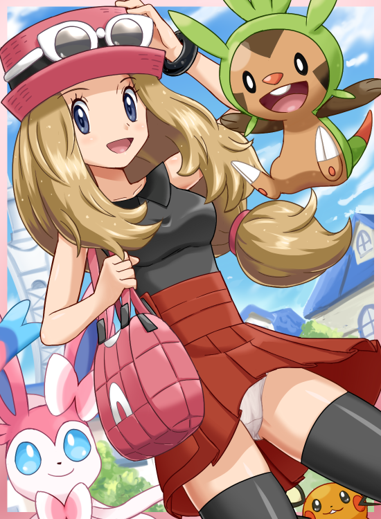 10s, 1girl, :d, bag, black_eyes, black_thighhighs, blue_eyes, bow, bracelet, breasts, brown_hair, chespin, dedenne, gen_6_pokemon, hat, jewelry, long_hair, low-tied_long_hair, medium_breasts, nintendo, open_mouth, panties, pantyshot, pokemoa, pokemon, pokemon_(creature), pokemon_x_and_y, serena_(pokemon), skirt, smile, standing, sunglasses, sylveon, thighhighs, underwear, upskirt