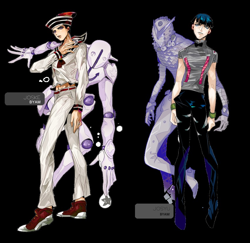 4boys, artist_name, black_hair, byam, dixie_cup_hat, full_body, hat, higashikata_joshu, higashikata_josuke_(jojolion), highres, jojo_no_kimyou_na_bouken, jojolion, male_focus, military_hat, multiple_boys, nut_king_call, sailor, soft_&amp;_wet, stand_(jojo), transparent_background
