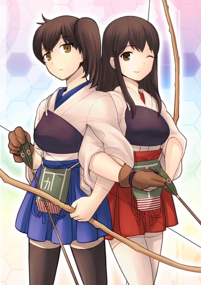 10s, 2girls, akagi_(kancolle), archery, arrow_(projectile), bad_id, bad_pixiv_id, black_legwear