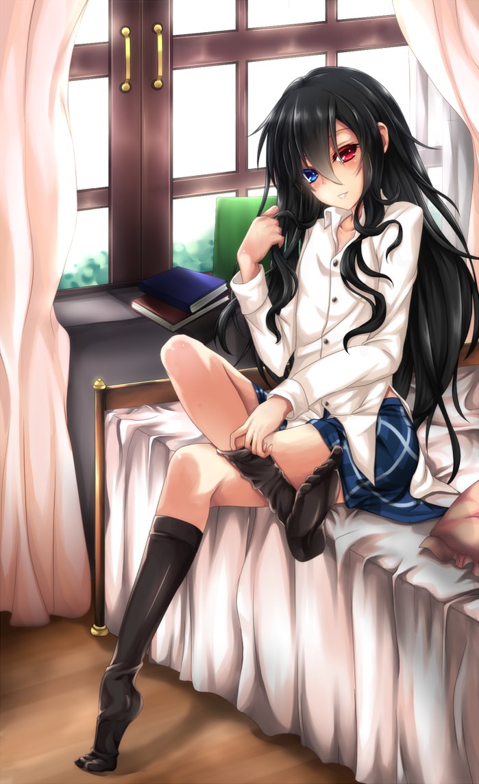1boy, androgynous, bed, bellezza_felutia, black_hair, blue_eyes, crossdressing, crossdressing_(mtf), feet, forbiddenimmortality, heterochromia, long_hair, male_focus, no_shoes, original, red_eyes, shirt, skirt, socks, solo, trap