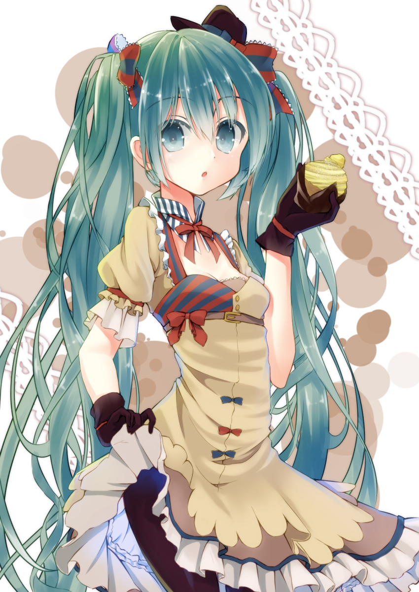 1girl, alternate_costume, aqua_eyes, aqua_hair, black_gloves, black_pantyhose, brown_dress, clothes_lift